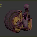 3D Rendered Mechanical Component With Yellow Gray Worn Metal Texture Wheel And Parts