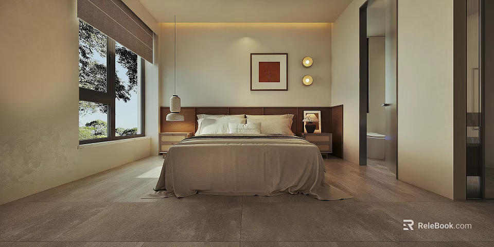 Modern Homestay Guest Room Interior With King Bed Decorative Painting And Large Window 3d model 