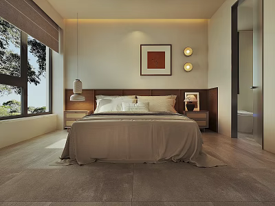 Modern Homestay Guest Room Interior With King Bed Decorative Painting And Large Window 3d model