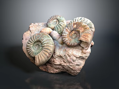 Ancient Ammonite Fossils With Detailed Spiral Shells Preserved On Natural Rock Formation 3d model