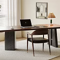 Modern Wooden Desk with Laptop Cup Table Lamp and Chair Near Window Blinds