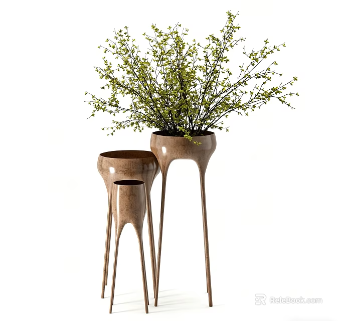 Decorative Ornament Set With Wooden Plant Stands Flower Pot And Green Foliage 3d model 