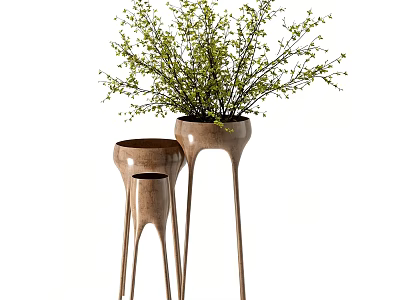 Decorative Ornament Set With Wooden Plant Stands Flower Pot And Green Foliage 3d model