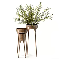 Decorative Ornament Set With Wooden Plant Stands Flower Pot And Green Foliage