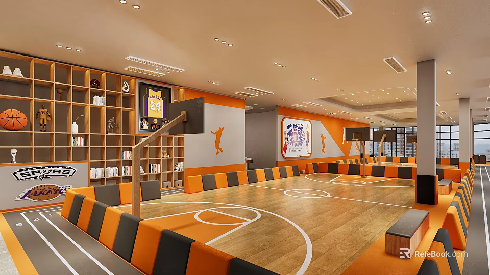 Modern Basketball Court Interior Design With Wooden Floor Orange And Black Benches And Wall Posters 3d model 