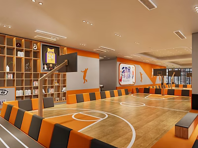 Modern Basketball Court Interior Design With Wooden Floor Orange And Black Benches And Wall Posters 3d model