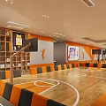 Modern Basketball Court Interior Design With Wooden Floor Orange And Black Benches And Wall Posters