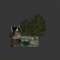 Cartoon Scene of Cozy Forest Cabin with Green Roof Pine Trees Wooden Bridge and Pond