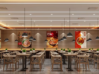Modern Restaurant Interior With Wooden Tables Chairs Hanging Lamps And Menu Posters 3d model