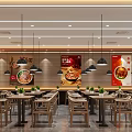 Modern Restaurant Interior With Wooden Tables Chairs Hanging Lamps And Menu Posters