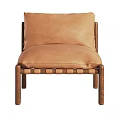 Brown Leather Accent Chair With Seat Cushion Backrest And Wooden Woven Frame