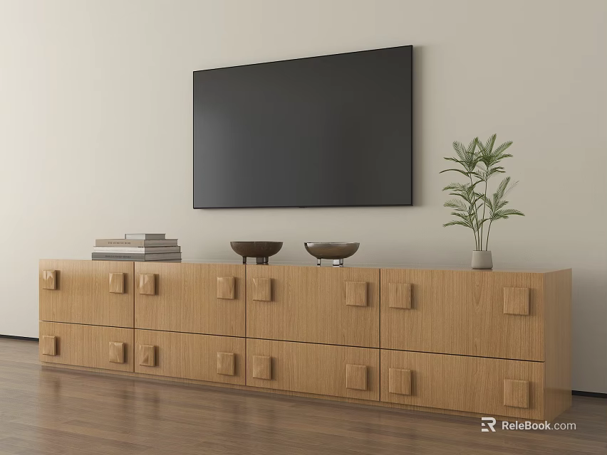 Wooden TV Stand with Square Drawer Details and Books Bowls Plant Below Wall Mounted TV 3d model 