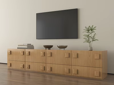 Wooden TV Stand with Square Drawer Details and Books Bowls Plant Below Wall Mounted TV 3d model