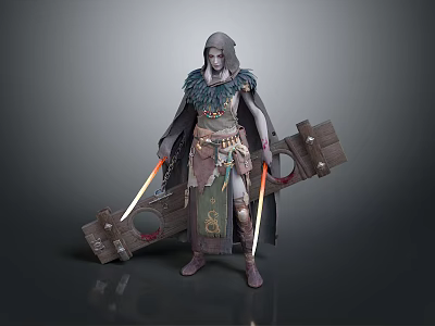 Fantasy Female Warrior In Feathered Cloak With Large Wooden Structure And Glowing Swords 3d model