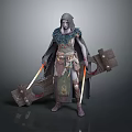 Fantasy Female Warrior In Feathered Cloak With Large Wooden Structure And Glowing Swords