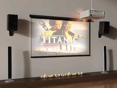Home Theater Projection Monitoring Setup With Screen Projector Speakers And Titanic Poster 3d model