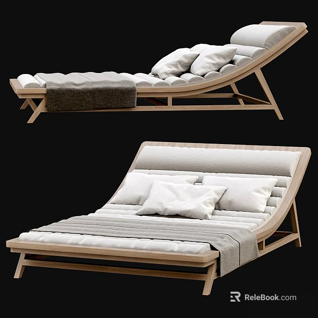 Modern Wooden Lounge Chair with White Gray Cushions Pillows and Blanket 3d model 