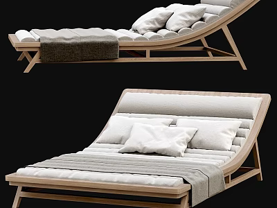 Modern Wooden Lounge Chair with White Gray Cushions Pillows and Blanket 3d model