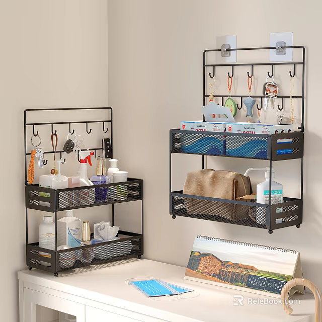 Wall Mounted Shelving Units with Tiers Hooks Wire Baskets for Home Office Small Items Organizing 3d model 