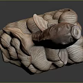 Wooden Carp Sculpture with Detailed Scales and Waves Shaped Base