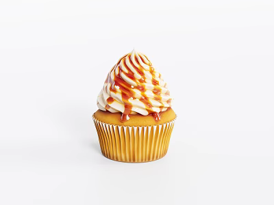 Freshly Baked Cupcake With Swirled Cream Frosting And Caramel Drizzle 3d model
