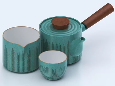 Stylish Teal Green Tea Set with Teapot Fair Cup Teacup and Wooden Handle Lid 3d model