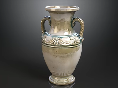 Ceramic Vase With Two Handles And Decorative Cream Green Patterns On Base 3d model