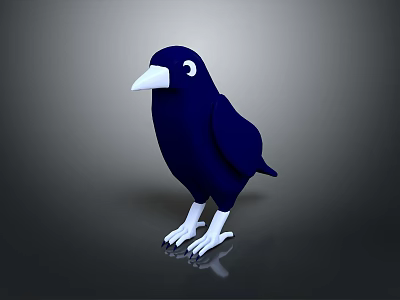 Blue Crow With White Beak And Claws Standing On Black Surface With Reflection 3d model