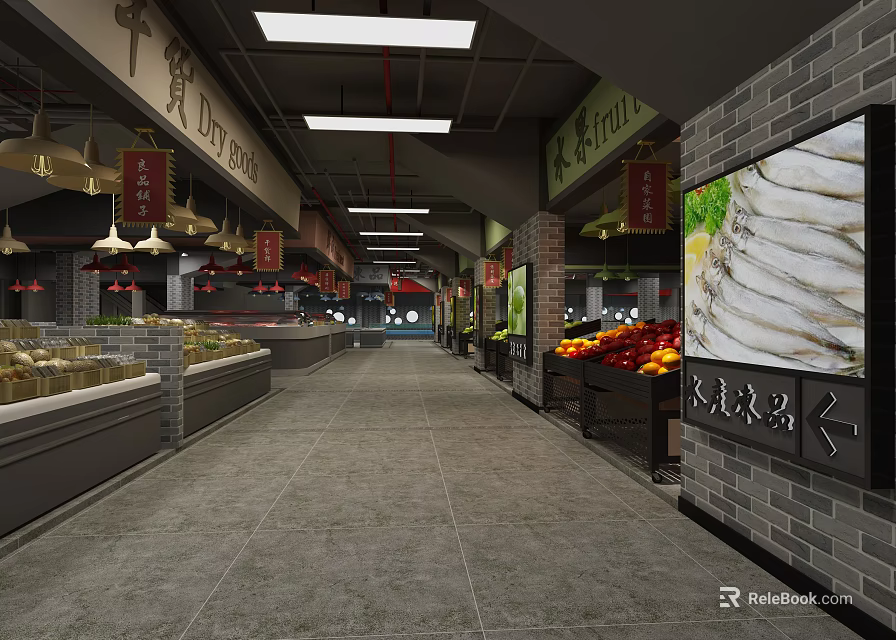 Grocery Supermarket Interior Featuring Fresh Produce Meat Sections And Organized Shelves 3d model 