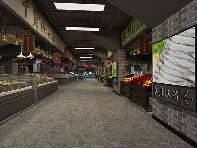 Grocery Supermarket Interior Featuring Fresh Produce Meat Sections And Organized Shelves 3d model