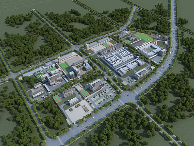 Aerial Perspective of Industrial Factory with Greenery Surroundings Road Network and Multiple Buildings 3d model