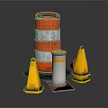 Traffic Safety Equipment Display With Red White Striped Barrier Yellow Cones And Silver Bollard