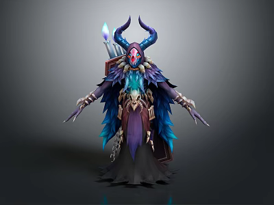 Mythical Horned Character In Elaborate Blue Purple Cloak With Glowing Weapon 3d model