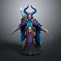 Mythical Horned Character In Elaborate Blue Purple Cloak With Glowing Weapon