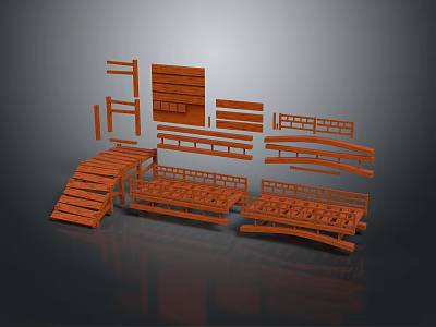 Wooden Construction Components With Stairs Railings And Planks 3D Model 3d model