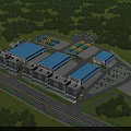 Aerial Planning of Commercial Complex With Blue Roof Buildings Parking Lots and Green Surroundings