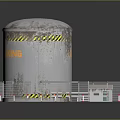 Cylindrical Industrial Tank With Yellow Black Warning Stripes Surrounded By White Fence And Small Building