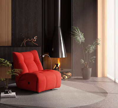 Red Single Sofa In Cozy Living Room With Fireplace Green Plant And Wooden Wall 3d model