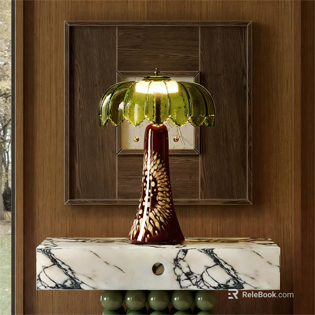 Elegant Red Table Lamp With Golden Patterns And Green Petal Shade On Marble Countertop 3d model 