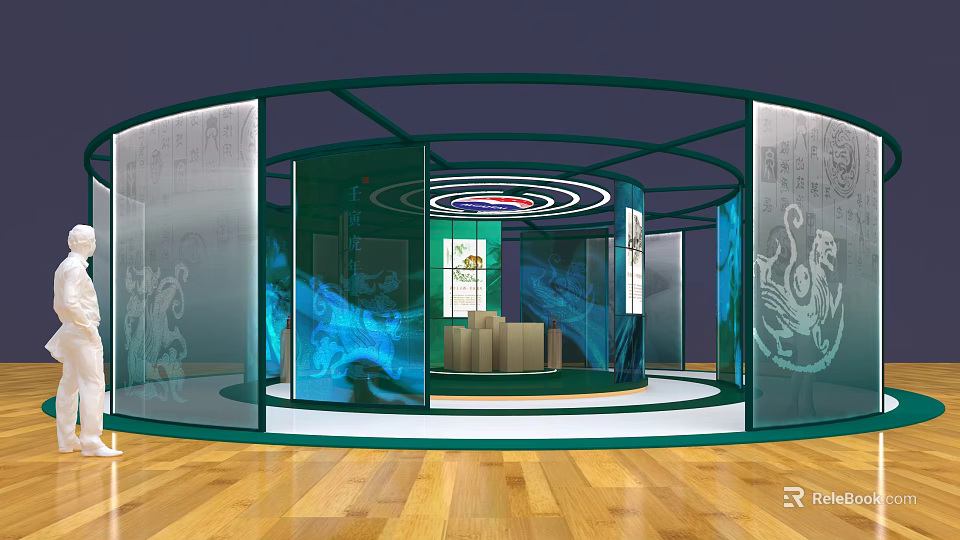 Modern Exhibition Booth Design With Glass Walls Blue Patterns And Wooden Flooring 3d model 