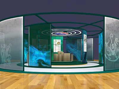 Modern Exhibition Booth Design With Glass Walls Blue Patterns And Wooden Flooring 3d model