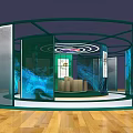 Modern Exhibition Booth Design With Glass Walls Blue Patterns And Wooden Flooring