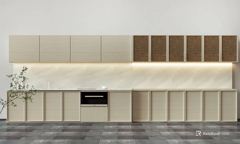 Modern Light Beige Kitchen Cabinets With Wooden Woven Panels And Neutral Design 3d model 