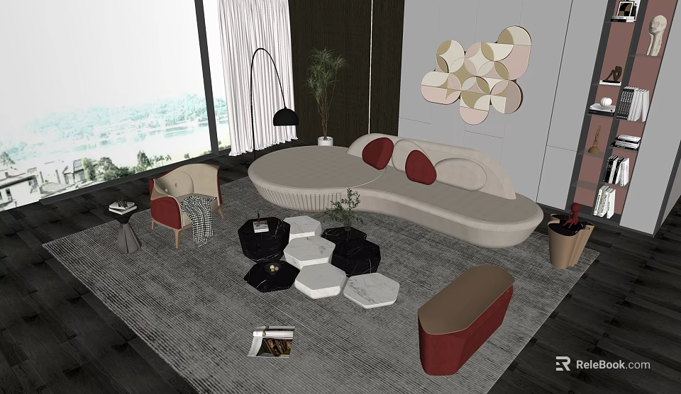 Elegant Curved Sofa With Geometric Coffee Table Set And Floor Lamp Decorative Painting 3d model 