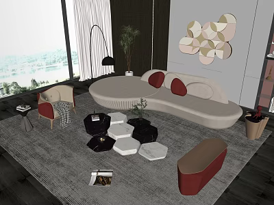 Elegant Curved Sofa With Geometric Coffee Table Set And Floor Lamp Decorative Painting 3d model