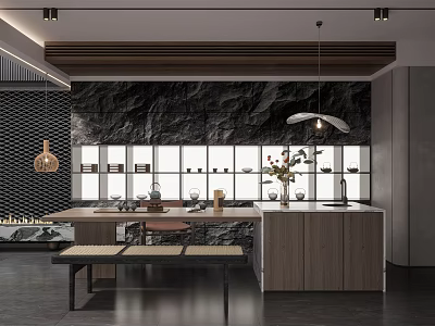 Modern Tea Room Interior Design With Stone Wall Wooden Counter And Pendant Lights 3d model
