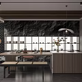 Modern Tea Room Interior Design With Stone Wall Wooden Counter And Pendant Lights
