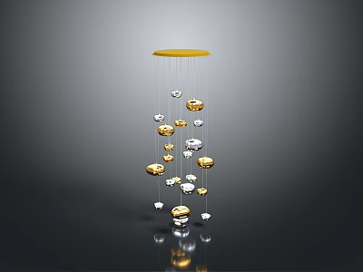 Modern Hanging Decorative Ornament Featuring Golden Circular Top And Silver Gold Spheres On Gray Background 3d model