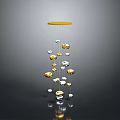 Modern Hanging Decorative Ornament Featuring Golden Circular Top And Silver Gold Spheres On Gray Background