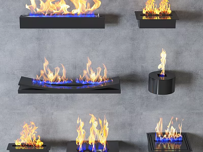 Modern Fireplace Designs With Various Styles And Blue Yellow Flames For Home Decor 3d model